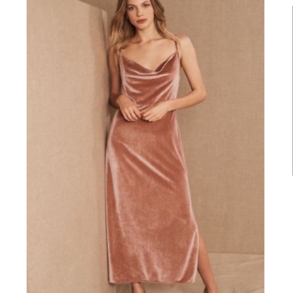 BHLDN PinkRose Nasha Velvet Cowl Neck Front Slit Spag Straps Formal Dress NWT 26